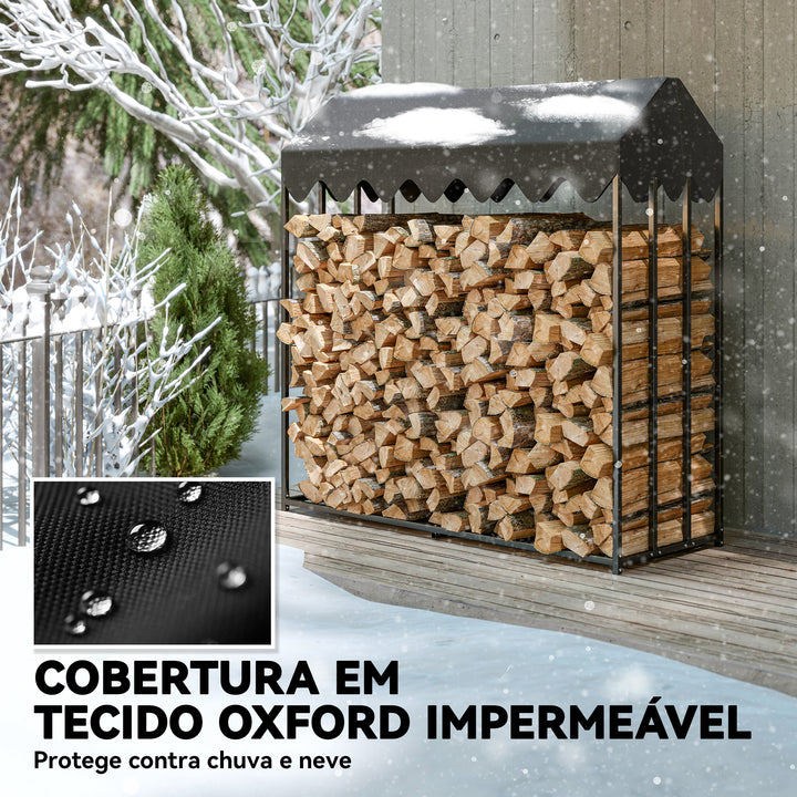 Suporte de Lenha Metálico para Exterior, 186x70x185 cm, com Cobertura Impermeável 600D Oxford, Estrutura de Aço, para Lareiras, Jardim e Terraços