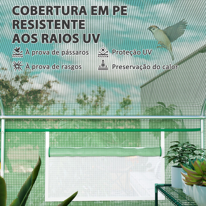 Estufa tipo Túnel 397x300x200 cm Estufa de Exterior com 4 Janelas de Malha Cobertura de PE Anti UV e 3 Portas Enroláveis com Fecho de Correr Estufa para Jardim Pátio Verde