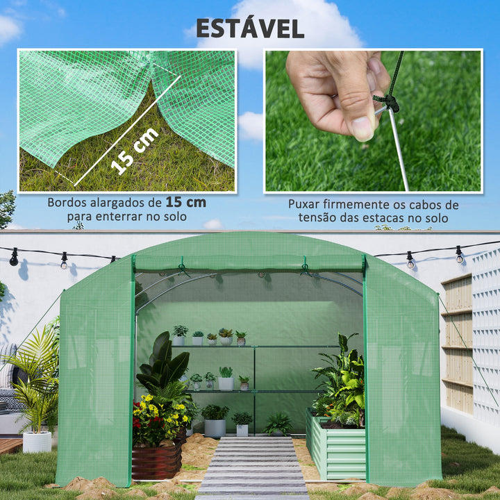 Estufa tipo Túnel 397x300x200 cm Estufa de Exterior com 4 Janelas de Malha Cobertura de PE Anti UV e 3 Portas Enroláveis com Fecho de Correr Estufa para Jardim Pátio Verde