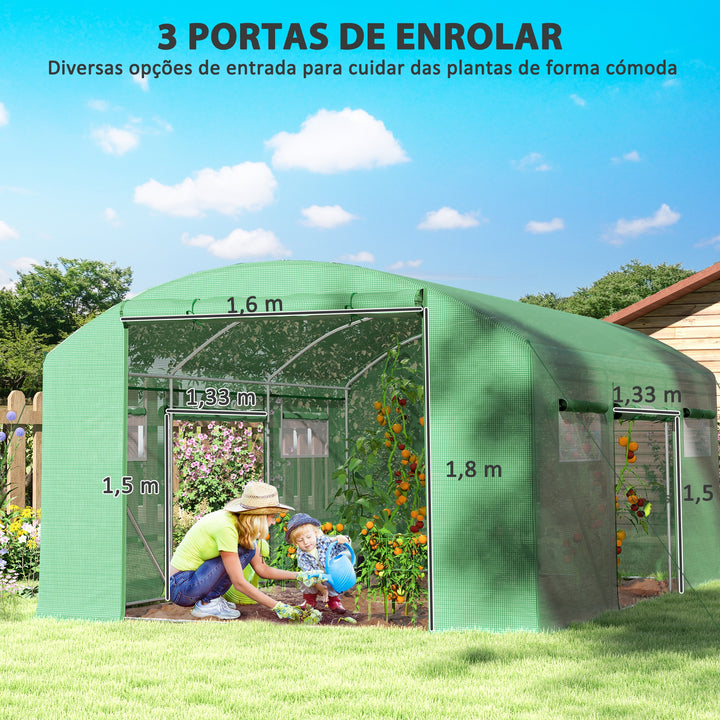 Estufa tipo Túnel 397x300x200 cm Estufa de Exterior com 4 Janelas de Malha Cobertura de PE Anti UV e 3 Portas Enroláveis com Fecho de Correr Estufa para Jardim Pátio Verde