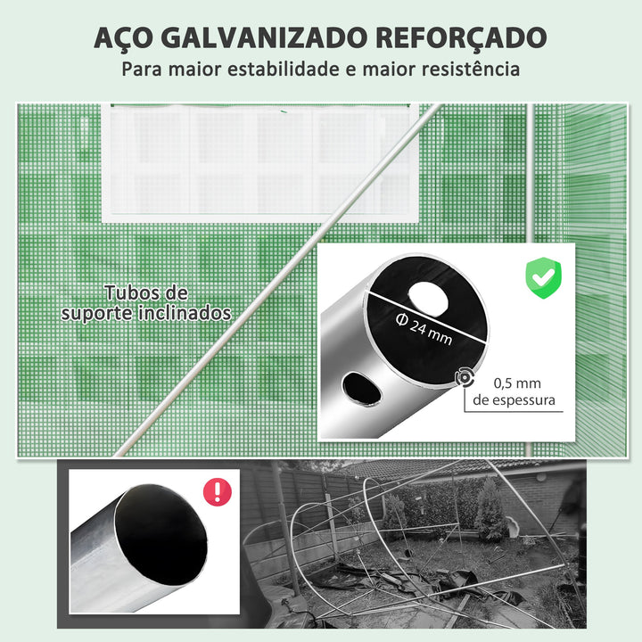 Estufa tipo Túnel 397x300x200 cm Estufa de Exterior com 4 Janelas de Malha Cobertura de PE Anti UV e 3 Portas Enroláveis com Fecho de Correr Estufa para Jardim Pátio Verde