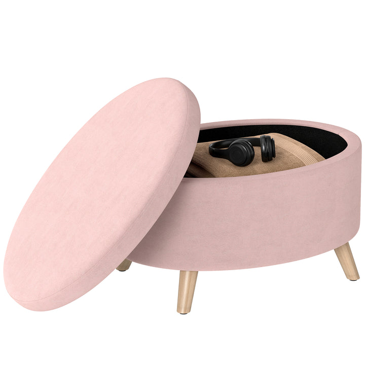 Otomano Puff Estofado em Veludo Acolchoado Banco de Armazenamento com Tampa Removível e Pés de Madeira para Dormitórios Sala de Estar Corredor 71x51,5x42 cm Rosa