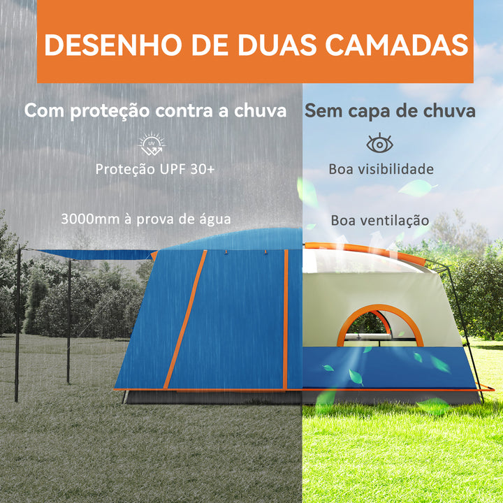 Tenda de Campismo Familiar para 4-6 Pessoas Tenda de Campismo Tipo Túnel com 2 Quartos Alpendre Impermeável 3000 mm Anti-UV para Pesca Caminhadas 430x305x195 cm Azul
