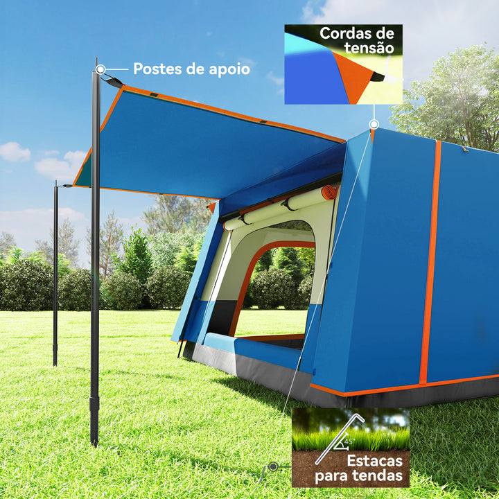 Tenda de Campismo Familiar para 4-6 Pessoas Tenda de Campismo Tipo Túnel com 2 Quartos Alpendre Impermeável 3000 mm Anti-UV para Pesca Caminhadas 430x305x195 cm Azul