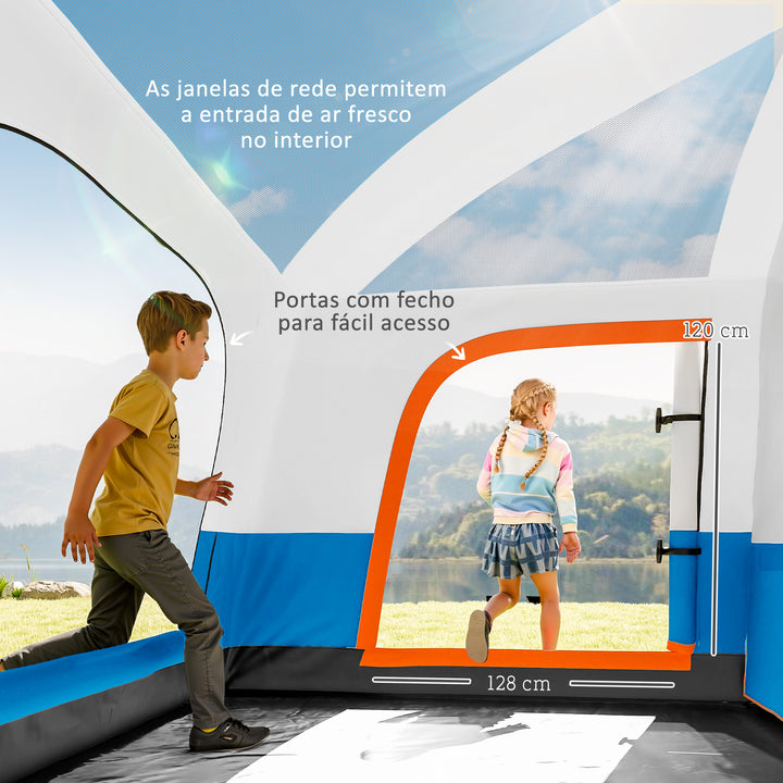Tenda de Campismo Familiar para 4-6 Pessoas Tenda de Campismo Tipo Túnel com 2 Quartos Alpendre Impermeável 3000 mm Anti-UV para Pesca Caminhadas 430x305x195 cm Azul