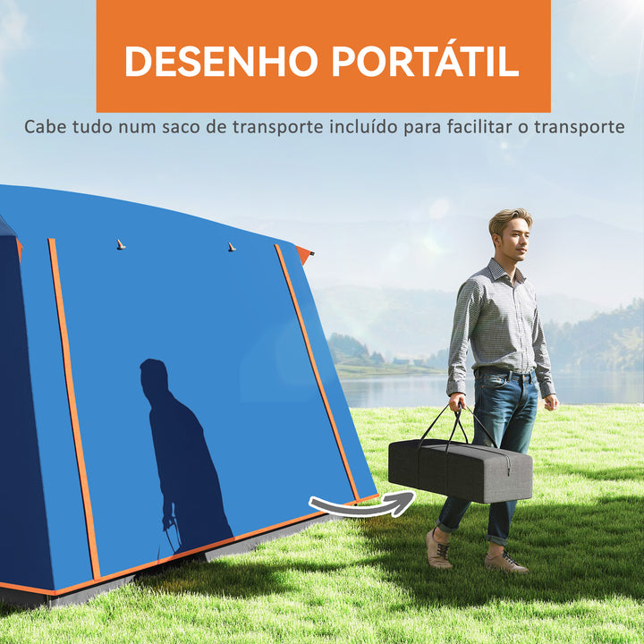 Tenda de Campismo Familiar para 4-6 Pessoas Tenda de Campismo Tipo Túnel com 2 Quartos Alpendre Impermeável 3000 mm Anti-UV para Pesca Caminhadas 430x305x195 cm Azul
