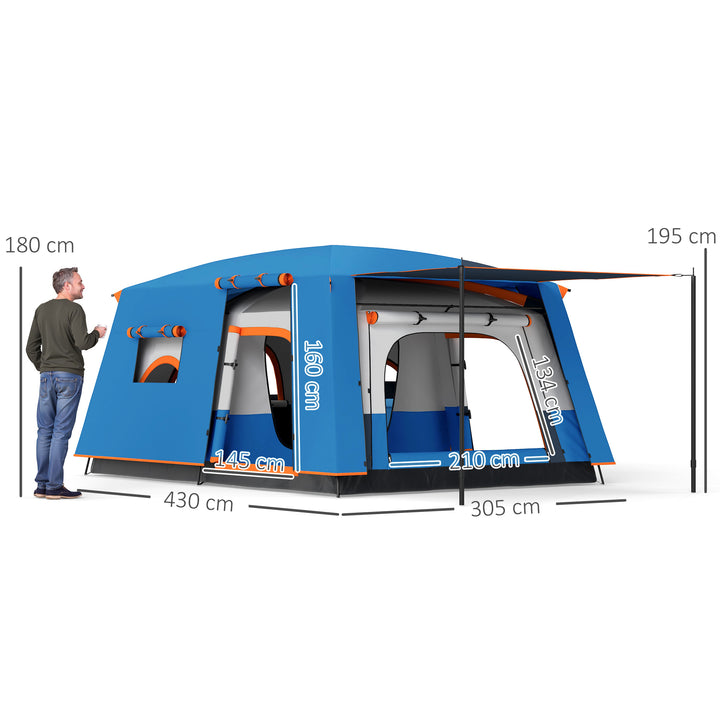 Tenda de Campismo Familiar para 4-6 Pessoas Tenda de Campismo Tipo Túnel com 2 Quartos Alpendre Impermeável 3000 mm Anti-UV para Pesca Caminhadas 430x305x195 cm Azul