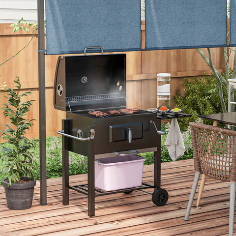 Barbecue a Carvão com Rodas Barbecue com Tampa Grelhas de Aço Inoxidável Termômetro Fogão Ajustável Bandeja Lateral e Prateleira 113x65x108 cm Preto