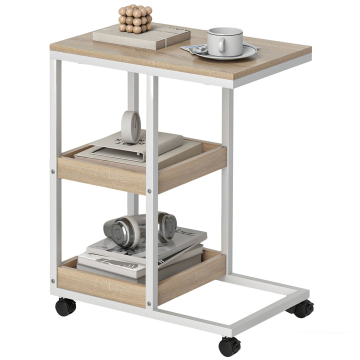 Mesa Auxiliar com Rodas em Forma de C com 2 Prateleiras Abertas Estrutura em Aço para Sala ou Quarto 51x33x66 cm Madeira e Branco