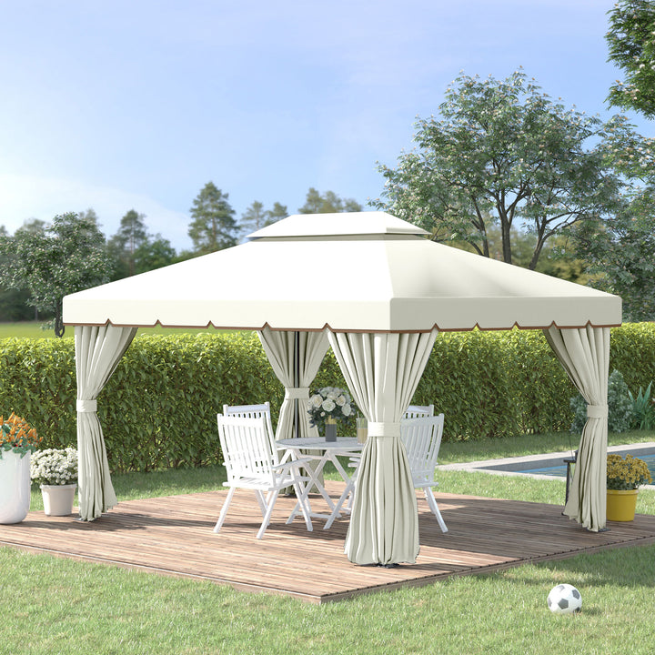 Gazebo de Jardim 4x3 m, Pavilhão de Jardim com Teto Duplo, 4 Cortinas e Mosquiteiro, Estrutura em Alumínio, Orifícios de Drenagem, UPF50+, Tenda para Exterior, Terraço, Pátio, Creme