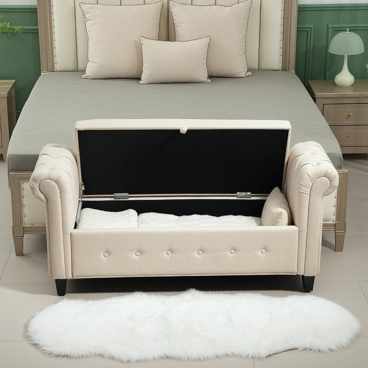 Banco de Pé de Cama Banco de Armazenamento de Linho com Dobradiças na Tampa Pés de Madeira e Apoio para os Braços para Dormitórios Sala de Estar Corredor Carga 150kg 146,5x49x74,5 cm Bege