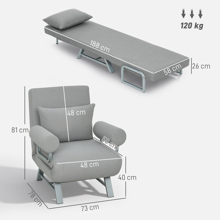 Sofá Cama de 1 Lugar 3 em 1 Sofá Cama Dobrável Estofado em Linho Sintético com Encosto Ajustável em 5 Níveis e Almofada Acolchoada para Escritório Quarto Sala de Estar 73x78x81 cm Cinzento Claro