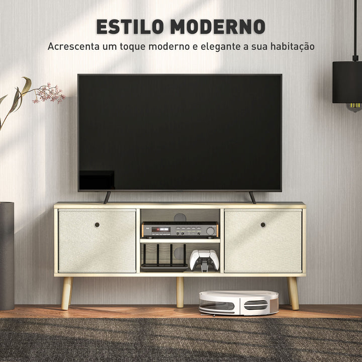 Móvel de TV para Televisores de até 50 Polegadas Móvel de Sala de Estar Moderno com 2 Gavetas de Tecido 2 Prateleiras Abertas e Orifício Passa Cabos 110x29x46,5 cm Madeira Clara e Bege