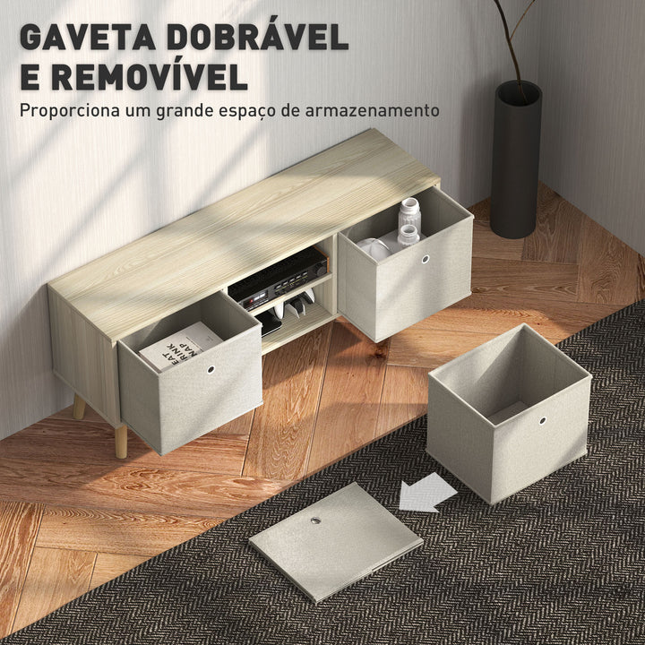 Móvel de TV para Televisores de até 50 Polegadas Móvel de Sala de Estar Moderno com 2 Gavetas de Tecido 2 Prateleiras Abertas e Orifício Passa Cabos 110x29x46,5 cm Madeira Clara e Bege
