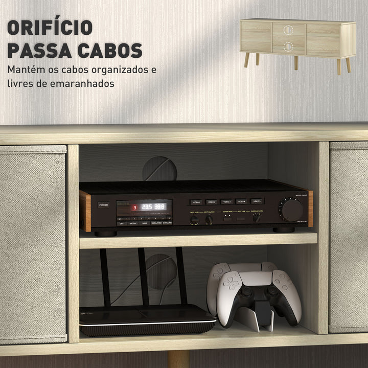 Móvel de TV para Televisores de até 50 Polegadas Móvel de Sala de Estar Moderno com 2 Gavetas de Tecido 2 Prateleiras Abertas e Orifício Passa Cabos 110x29x46,5 cm Madeira Clara e Bege