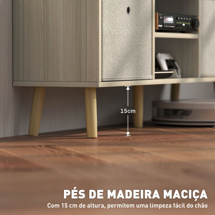 Móvel de TV para Televisores de até 50 Polegadas Móvel de Sala de Estar Moderno com 2 Gavetas de Tecido 2 Prateleiras Abertas e Orifício Passa Cabos 110x29x46,5 cm Madeira Clara e Bege