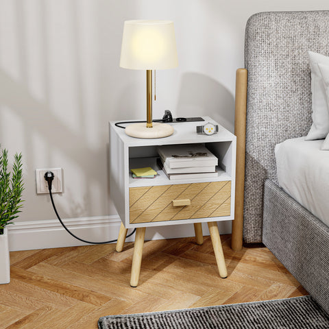 Mesa de Cabeceira com Estação de Carregamento Gaveta 2 Tomadas AC Porta USB e Tipo-C Compartimento Aberto Pernas de Madeira para Sala Quarto 40x35x54,7 cm Branco