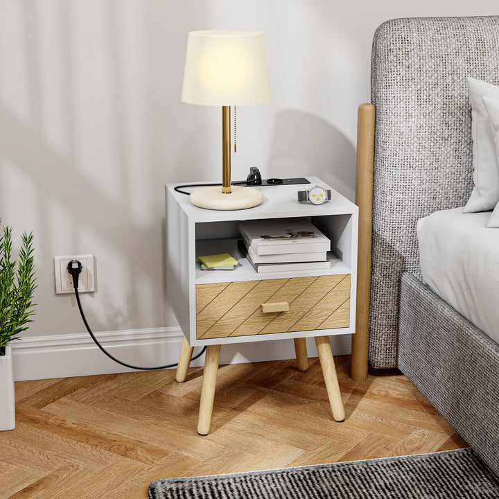 Mesa de Cabeceira com Estação de Carregamento Gaveta 2 Tomadas AC Porta USB e Tipo-C Compartimento Aberto Pernas de Madeira para Sala Quarto 40x35x54,7 cm Branco