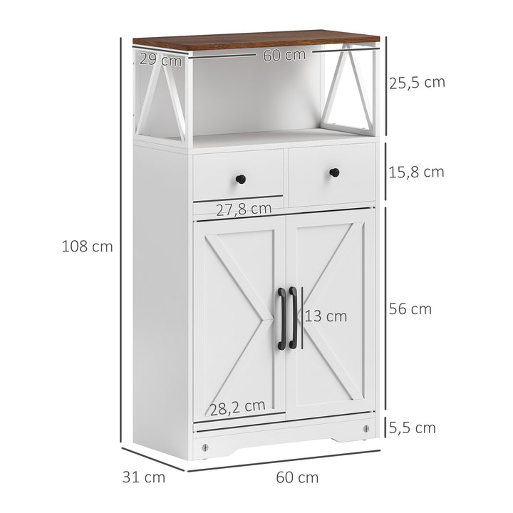 Aparador Sala de Estar Armário Multiusos com Prateleiras Gavetas Portas Estilo Celeiro Aparador para Cozinha 60x31x108 cm Branco