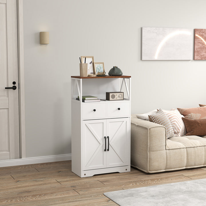 Aparador Sala de Estar Armário Multiusos com Prateleiras Gavetas Portas Estilo Celeiro Aparador para Cozinha 60x31x108 cm Branco