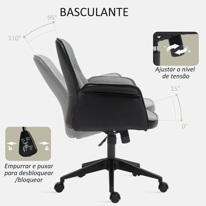 Cadeira de Escritório Giratória Cadeira de Escritório com Altura Ajustável Basculante Apoio para os Braços Cadeira de Estudo Carga 120 kg 66x65x93-103 cm Cinza