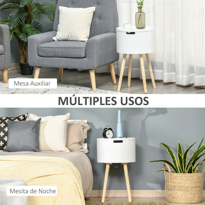 Mesa Auxiliar para Sala de Estar Moderna Mesa de Cabeceira com Tampa Removível Espaço de Armazenamento e Pés de Madeira para Dormitórios Ø38x63cm Branco