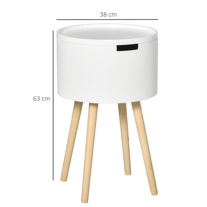 Mesa Auxiliar para Sala de Estar Moderna Mesa de Cabeceira com Tampa Removível Espaço de Armazenamento e Pés de Madeira para Dormitórios Ø38x63cm Branco