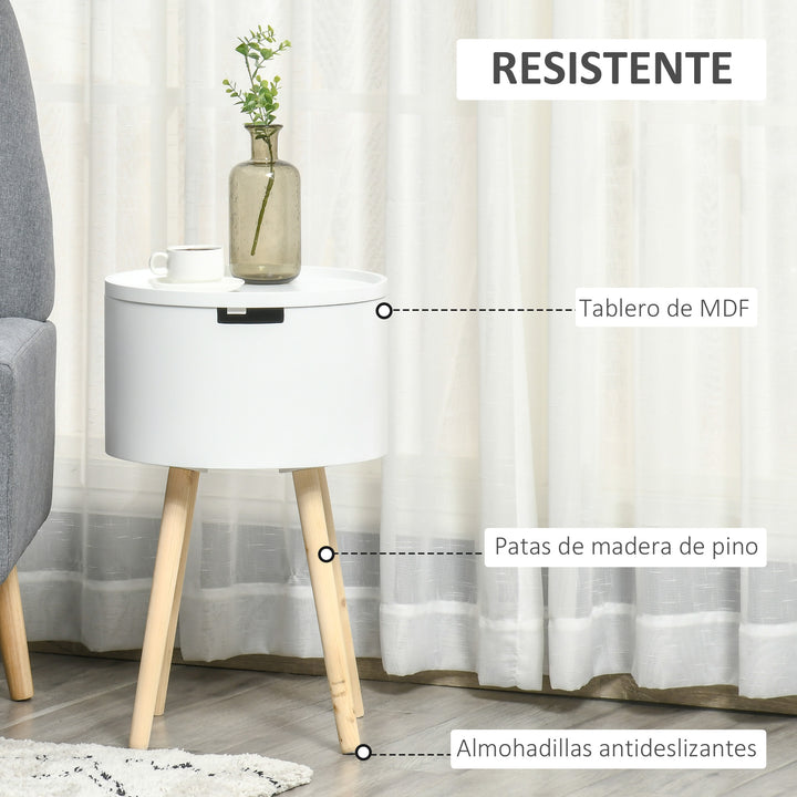 Mesa Auxiliar para Sala de Estar Moderna Mesa de Cabeceira com Tampa Removível Espaço de Armazenamento e Pés de Madeira para Dormitórios Ø38x63cm Branco