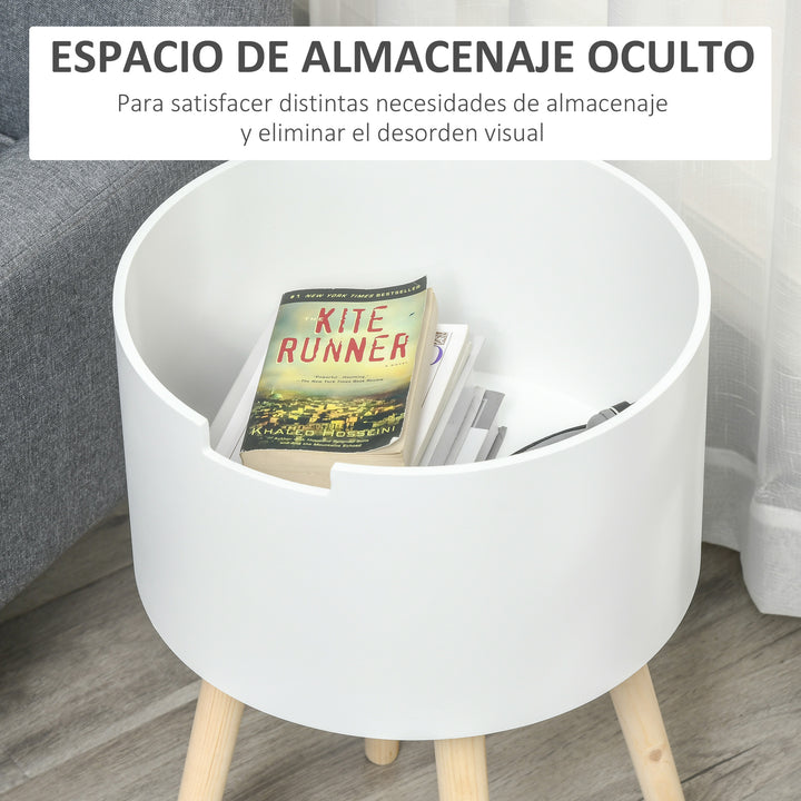 Mesa Auxiliar para Sala de Estar Moderna Mesa de Cabeceira com Tampa Removível Espaço de Armazenamento e Pés de Madeira para Dormitórios Ø38x63cm Branco