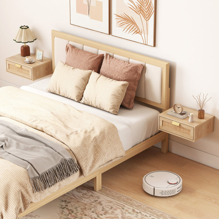 Conjunto de 2 Mesas de Cabeceira Flutuantes Mesas de Cabeceira com Gaveta de Vime Poupa Espaço Design Moderno para Quarto 40x30x15 cm Carvalho