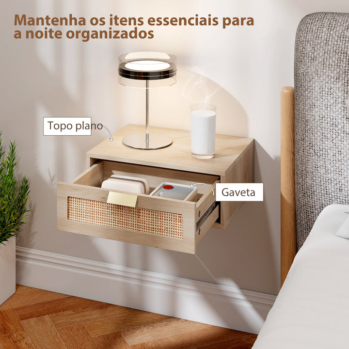Conjunto de 2 Mesas de Cabeceira Flutuantes Mesas de Cabeceira com Gaveta de Vime Poupa Espaço Design Moderno para Quarto 40x30x15 cm Carvalho