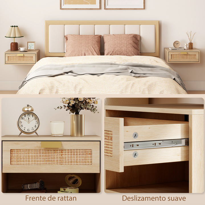 Conjunto de 2 Mesas de Cabeceira Flutuantes Mesas de Cabeceira com Gaveta de Vime Poupa Espaço Design Moderno para Quarto 40x30x15 cm Carvalho