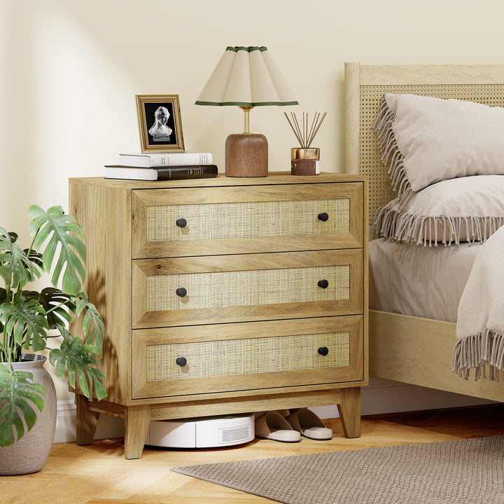 Cómoda com 3 Gavetas Cómoda de Madeira com Gavetas de Vime e Pés Elevados para Sala de Estar Dormitório Escritório 80x35x76 cm Madeira