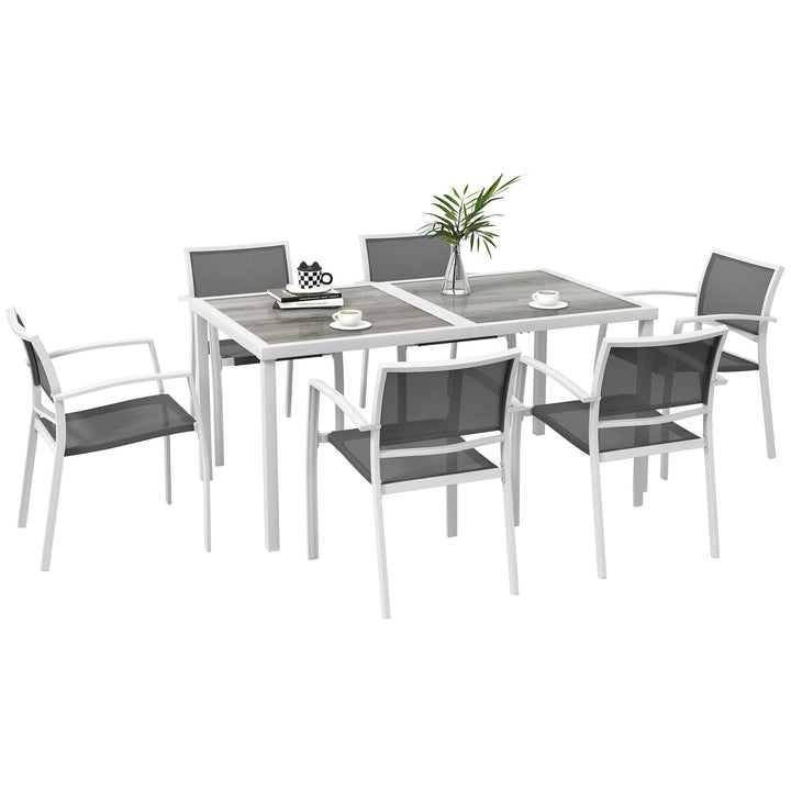 Conjunto de Refeição de Jardim de 7 Peças com 1 Mesa de Exterior e 6 Cadeiras Empilháveis Estilo Moderno para Terraço Pátio Branco e Cinza