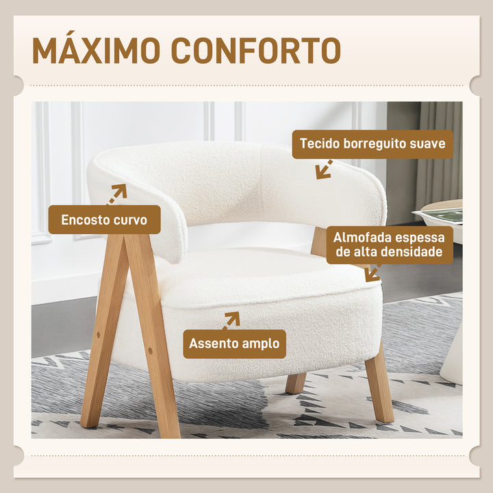 Poltrona de Sala de Estar Estofada em Borreguito Poltrona de Leitura Almofadada e Moderna Assento Largo Pés de Madeira e Encosto Curvo para Quarto Escritório 70x64x71 cm Branco