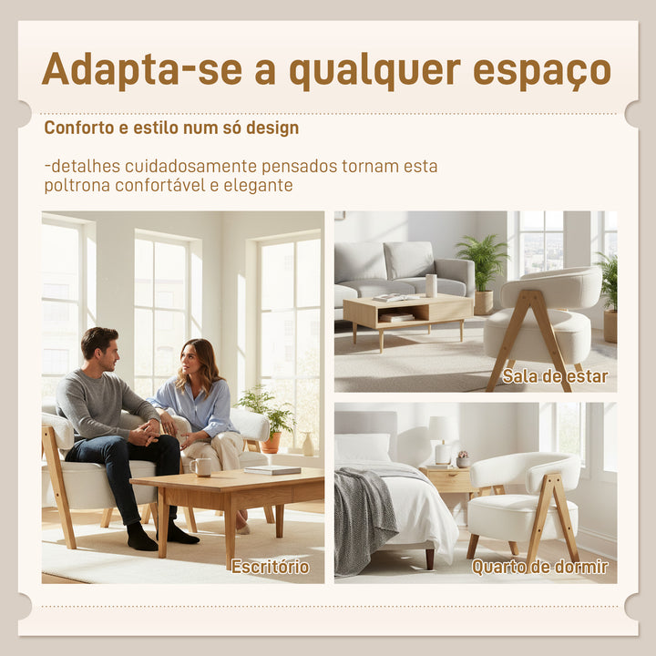 Poltrona de Sala de Estar Estofada em Borreguito Poltrona de Leitura Almofadada e Moderna Assento Largo Pés de Madeira e Encosto Curvo para Quarto Escritório 70x64x71 cm Branco