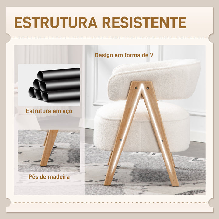 Poltrona de Sala de Estar Estofada em Borreguito Poltrona de Leitura Almofadada e Moderna Assento Largo Pés de Madeira e Encosto Curvo para Quarto Escritório 70x64x71 cm Branco