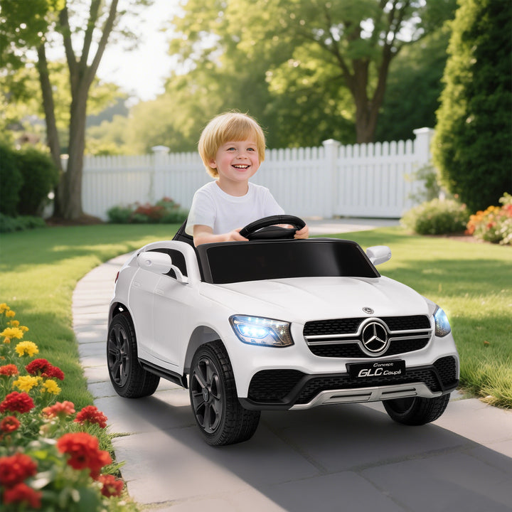 Carro Elétrico para Crianças, Mercedes-Benz GLC Coupé, Carro a Bateria 12V, com Controlo Remoto 2,4G, Motor Duplo, MP3, Buzina e Faróis LED, para Crianças dos 3 aos 6 Anos, Branco