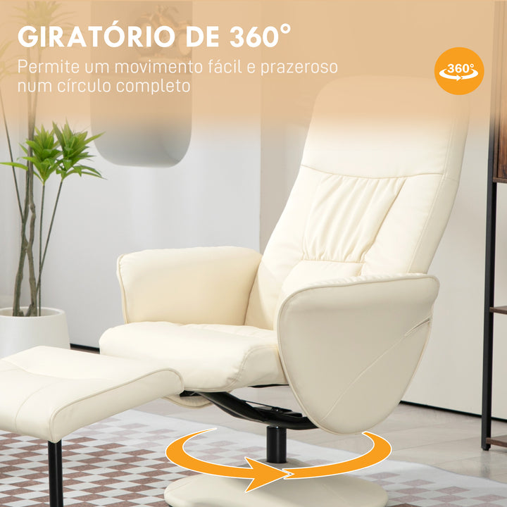 Poltrona Relax com Apoio para os Pés Estofada em PU Poltrona Relax Reclinável até 145° e Giratório 360° com Encosto Ajustável para Sala de Estar Dormitório Escritório 81x81x105cm Creme