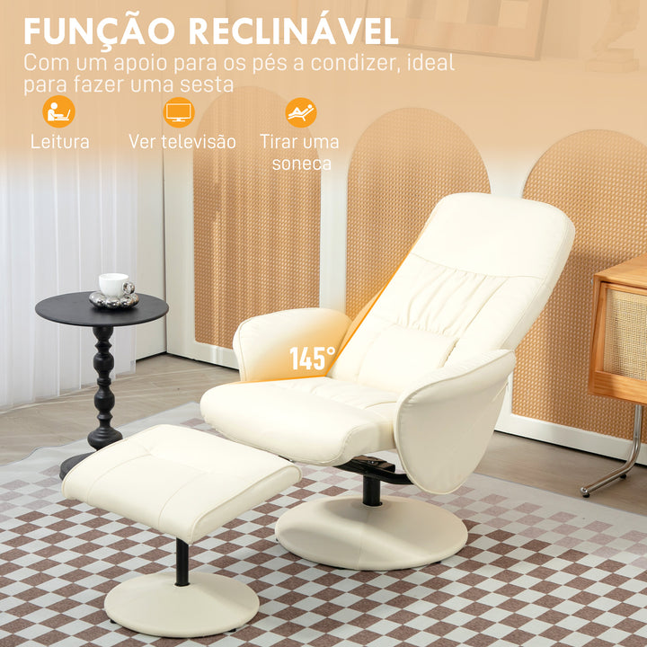Poltrona Relax com Apoio para os Pés Estofada em PU Poltrona Relax Reclinável até 145° e Giratório 360° com Encosto Ajustável para Sala de Estar Dormitório Escritório 81x81x105cm Creme
