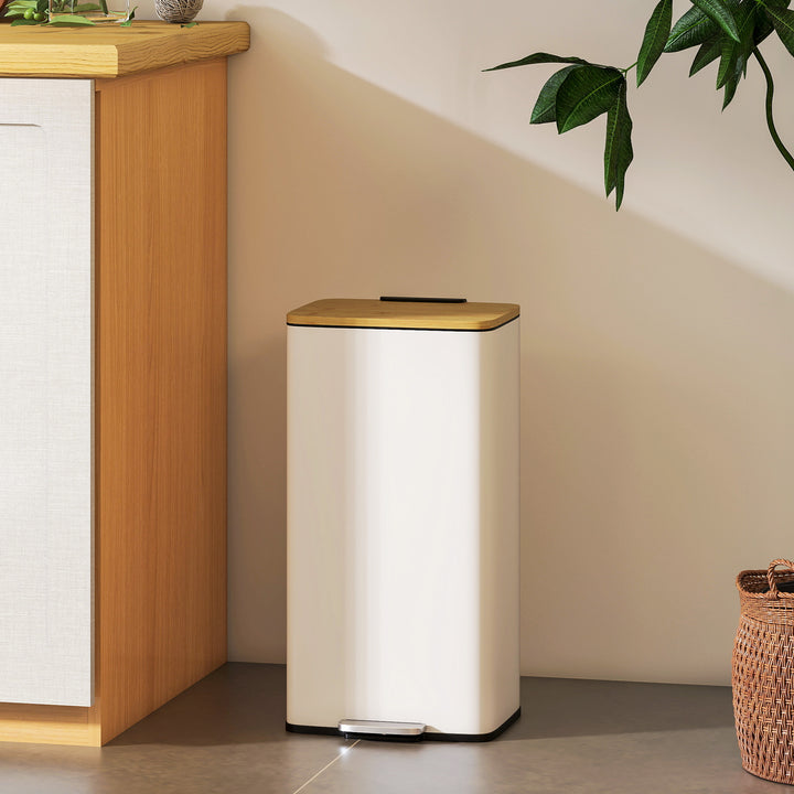 Balde de Lixo de Cozinha com Pedal 20L Tampa de Bambu com Fecho Suave Balde de Cozinha com Balde Interior Removível Anti-Impressões Digitais 29,5x29,5x56,8 cm Branco e Madeira