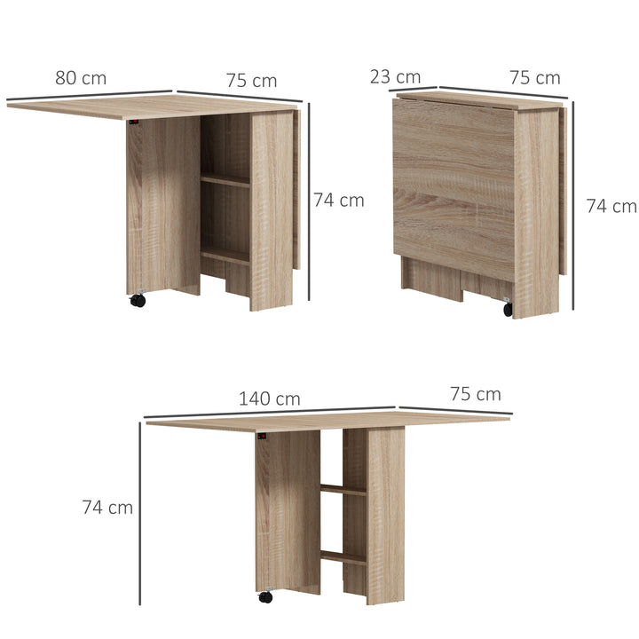 Mesa de Sala de Jantar Dobrável Mesa de Madeira com 2 Prateleiras de Armazenamento e Rodas para Cozinha 75x140x74 cm Madeira