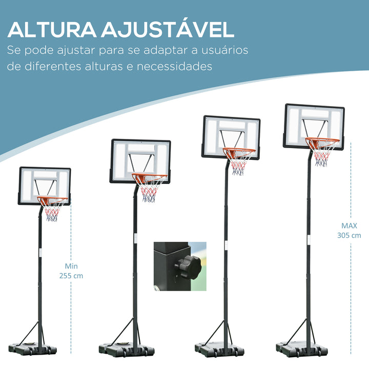Tabela de basquetebol com suporte portátil Aro de cesta ajustável em altura base recarregável para crianças e adultos 86x153x250-350 cm Preto