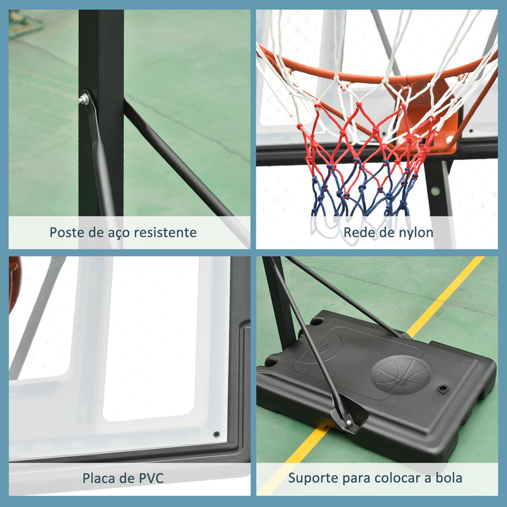 Tabela de basquetebol com suporte portátil Aro de cesta ajustável em altura base recarregável para crianças e adultos 86x153x250-350 cm Preto