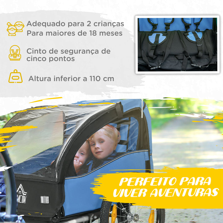 Reboque de Bicicleta para Crianças acima de 18 Meses Reboque de Bicicleta com 2 Lugares com Cinto de Segurança Espaço de Armazenamento e Sistema de Amortecimento 140x88x90 cm Azul