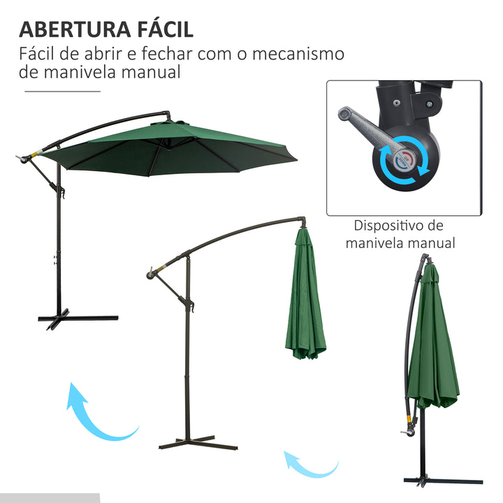 Chapéu de Sol de Jardim Ø295x245cm Chapéu de Sol Excêntrico Inclinável com Manivela Base Cruzada Suporte de Aço e Proteção Solar para Terraço Exterior Verde
