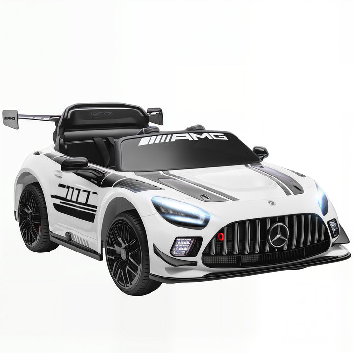 Carro Elétrico para Crianças Mercedes-AMG GT3 Evo Carro de Bateria 12V com Controlo Remoto 2,4G Motor Duplo Rodas Auxiliares Alça de Transporte Música Faróis 115x66x44 cm Branco