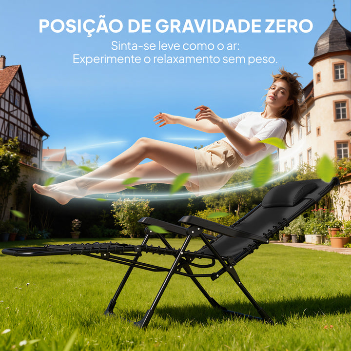 Conjunto de 2 Espreguiçadeiras Jardim Exterior Dobráveis com Mesa Auxiliar Suportes para Copos Espreguiçadeiras de Gravidade Zero com Encosto Ajustável Apoios de Braços Removíveis para Pátio Piscina Terraço Exterior Preto