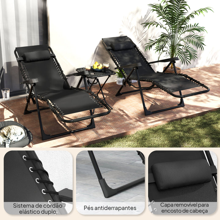 Conjunto de 2 Espreguiçadeiras Jardim Exterior Dobráveis com Mesa Auxiliar Suportes para Copos Espreguiçadeiras de Gravidade Zero com Encosto Ajustável Apoios de Braços Removíveis para Pátio Piscina Terraço Exterior Preto