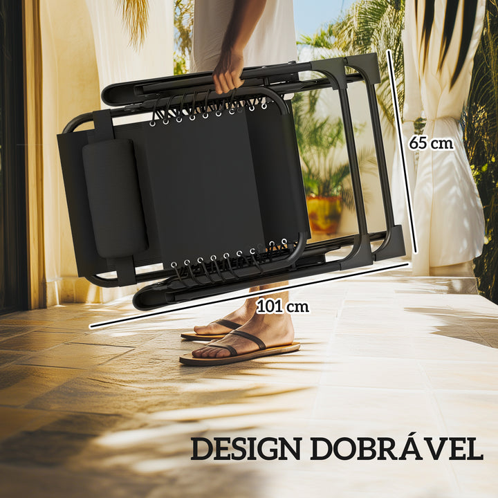 Conjunto de 2 Espreguiçadeiras Jardim Exterior Dobráveis com Mesa Auxiliar Suportes para Copos Espreguiçadeiras de Gravidade Zero com Encosto Ajustável Apoios de Braços Removíveis para Pátio Piscina Terraço Exterior Preto